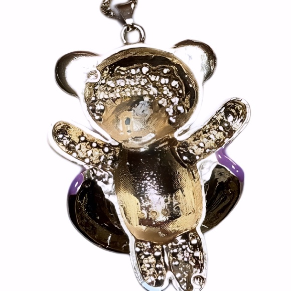 Betsey Johnson Teddy Bear Necklace, Gold Tone, Crystals, Purple Tutu, 28" Chain - Picture 9 of 10